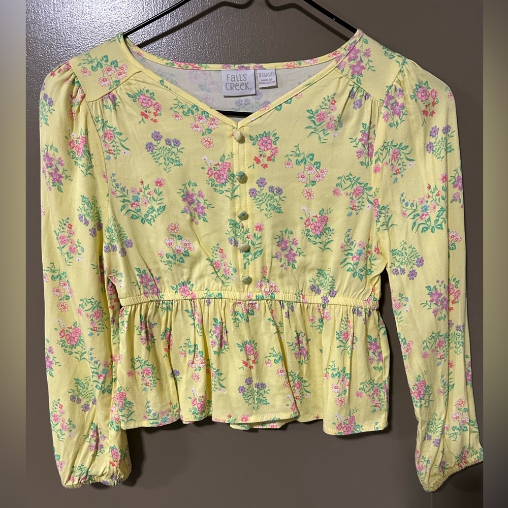 💥 $5 if Bundled - 6 / 6X Floral Yellow Girls Blouse Long Sleeves Covered buttons